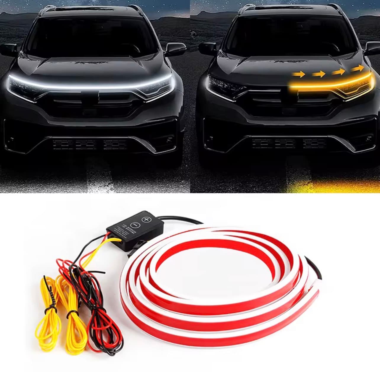 Dual-Color Dynamic Scan Car Hood LED | 6.5ft Strip | White DRL & Amber Sequential Turn Signal | Weatherproof Silicone — view 1