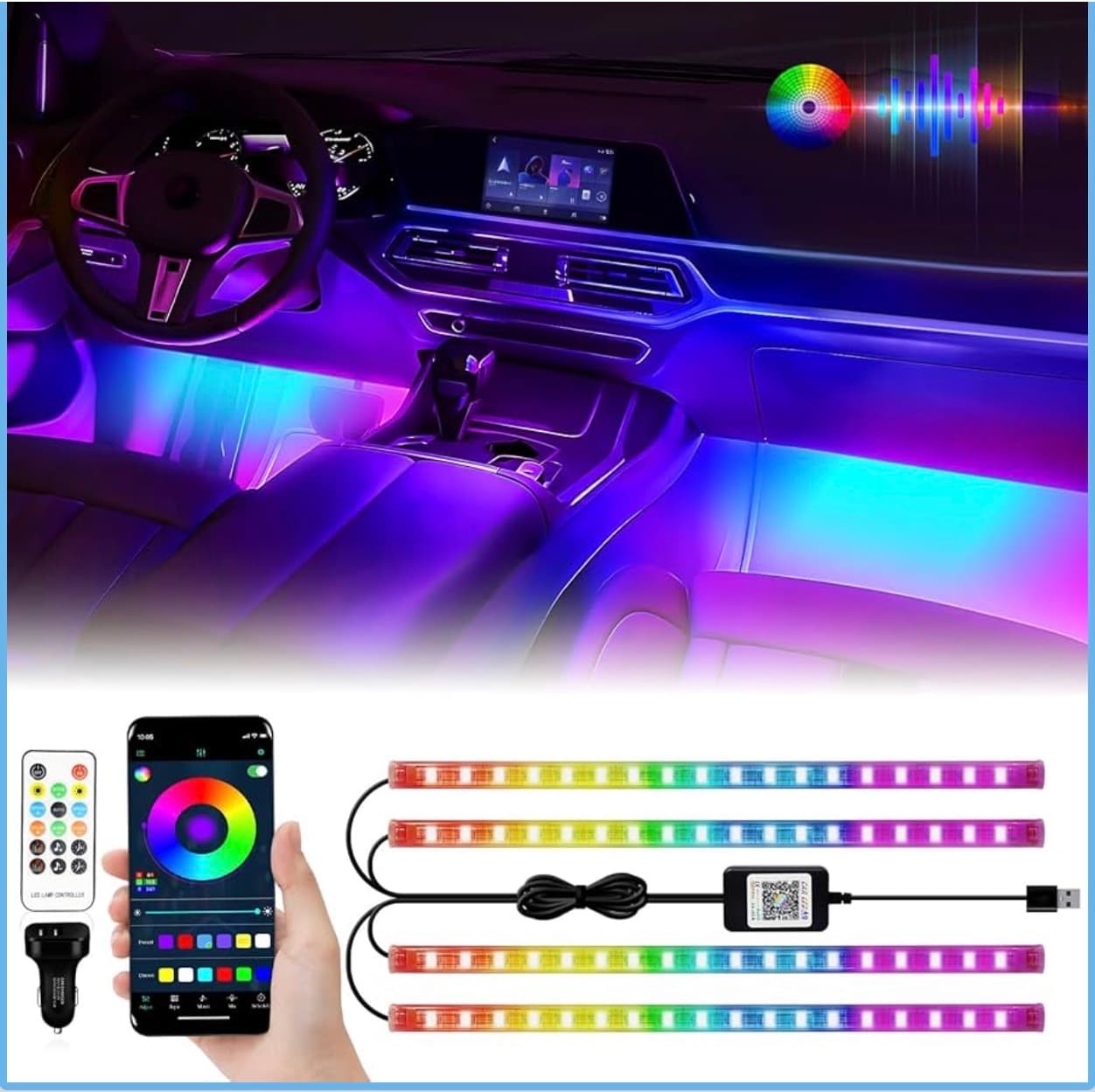 Symphony Digital RGB Car Floor Lights – 72 LED | Music Sync | 16M Colors + 210 Modes | App + Remote Control | USB / Cigarette Plug | IP68 Waterproof — view 1