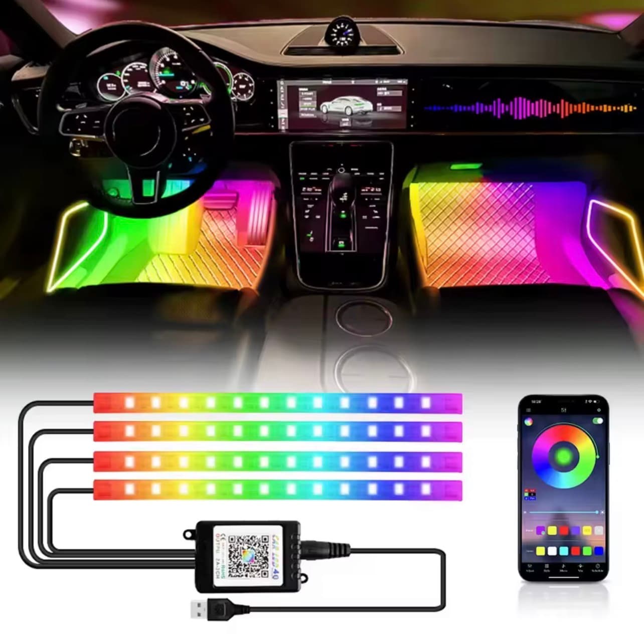 RGB Footwell LED Interior Strip Lights 4PC | 48 LED | Sound Active | Car & Home — view 1