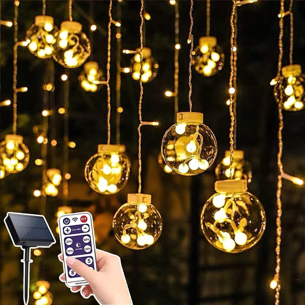 Solar Wishing Ball Curtain Lights | 108 LEDs + 12 Globe Balls | Remote Control | Waterproof IP65 | Dreamy Warm White Decor — view 1