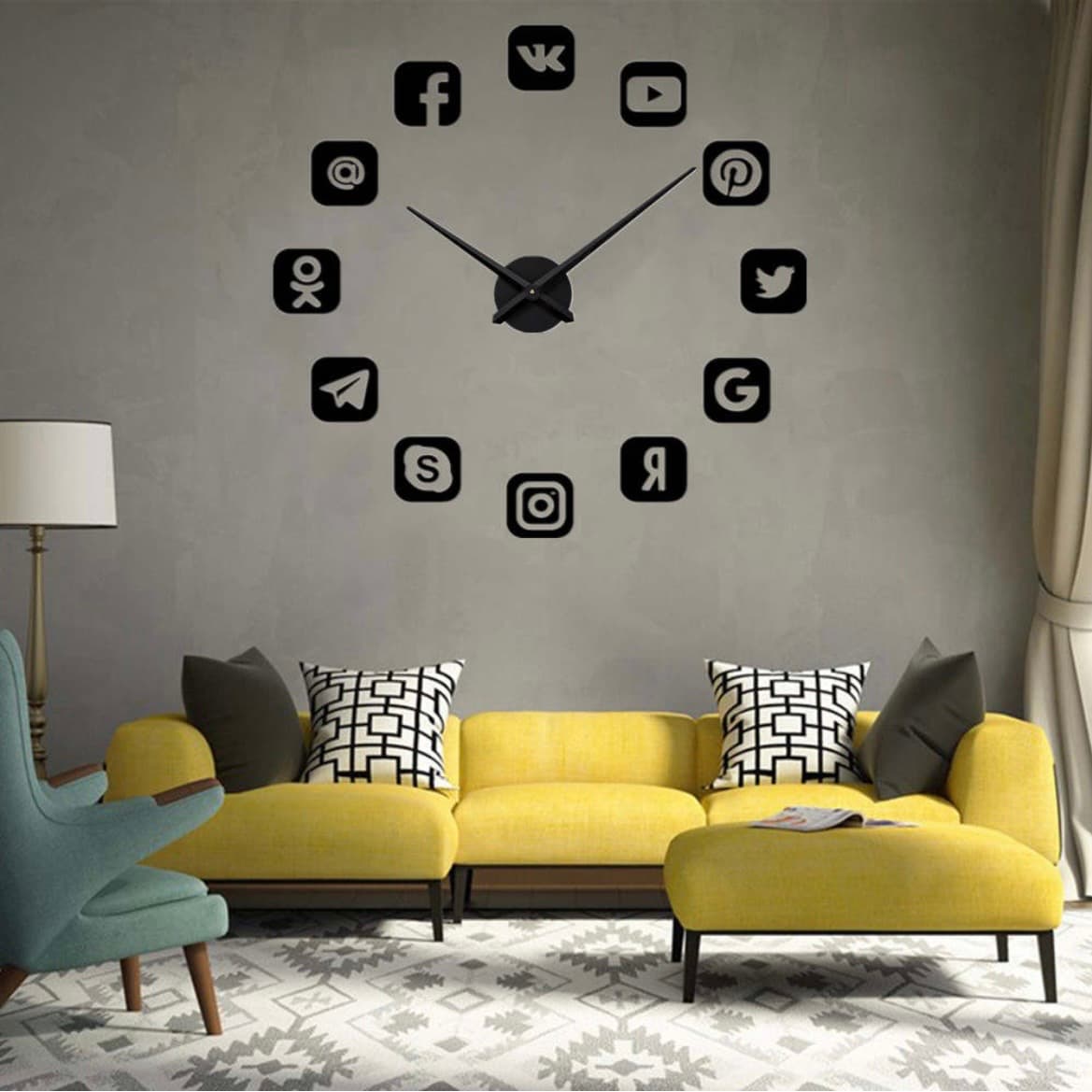 Social Media Icon Frameless DIY Wall Clock | Tech-Modern 3D Mirror | Influencer & Studio Decor | Silent Non-Ticking | 20-47in — view 1