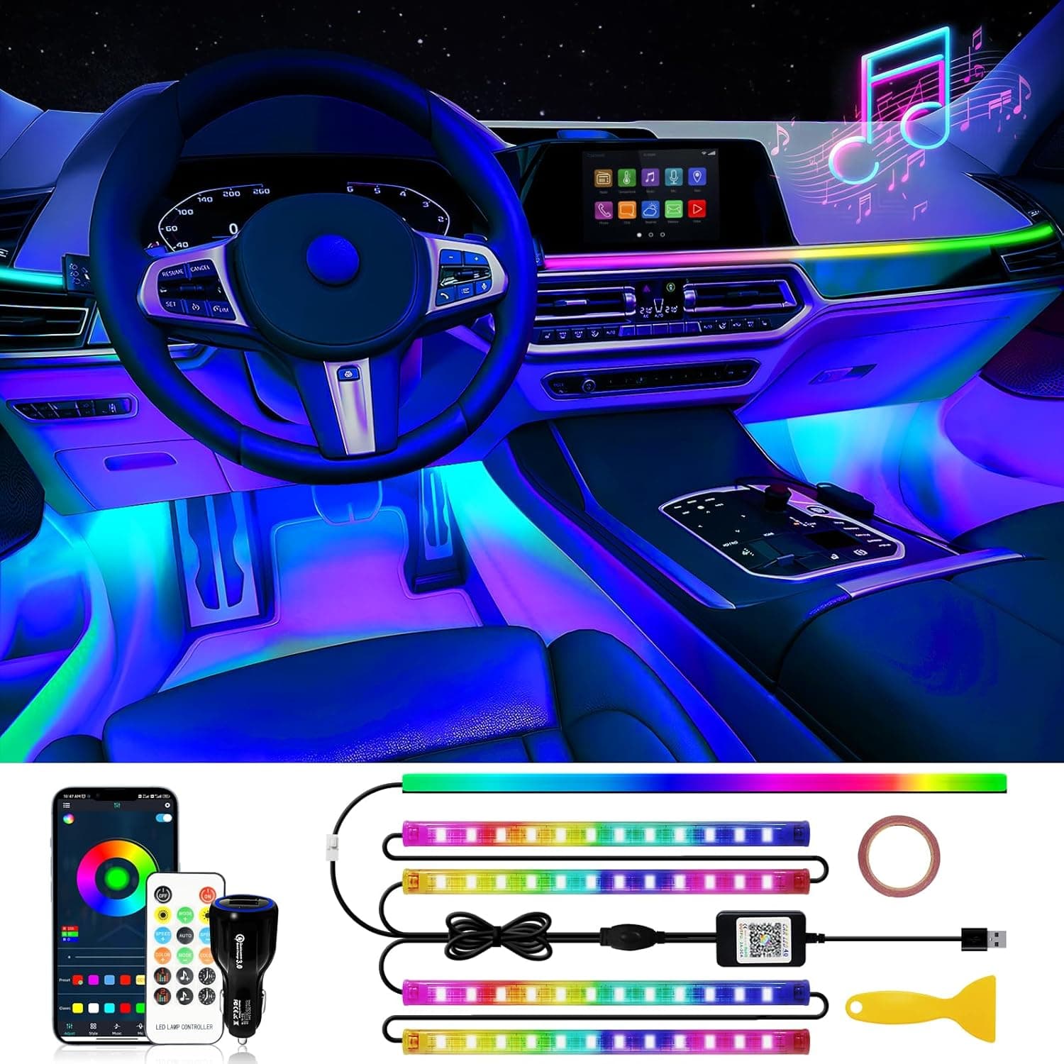 48-LED Car Ambient Kit | SMD 5050 RGB | High-Sensitivity Mic Sync | 12V DC | Bluetooth 4.2 App Control — view 1