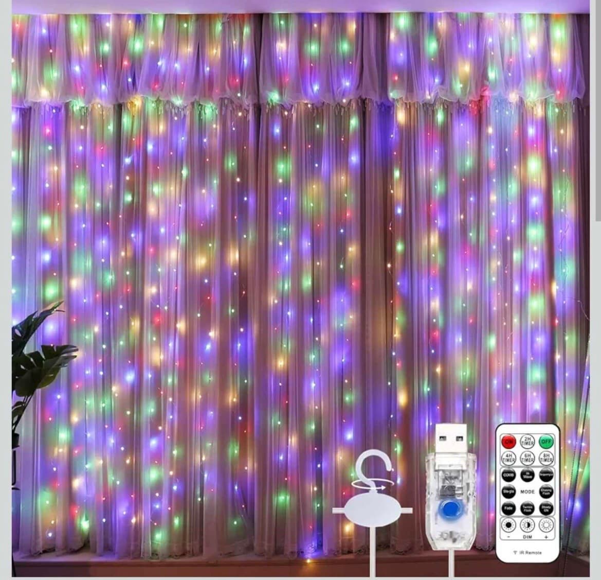 300 LED Colorful Fairy Curtain Lights (V2) | 9.8ft x 9.8ft | 8-Mode USB Power | High-Flex Silver Wire — view 1