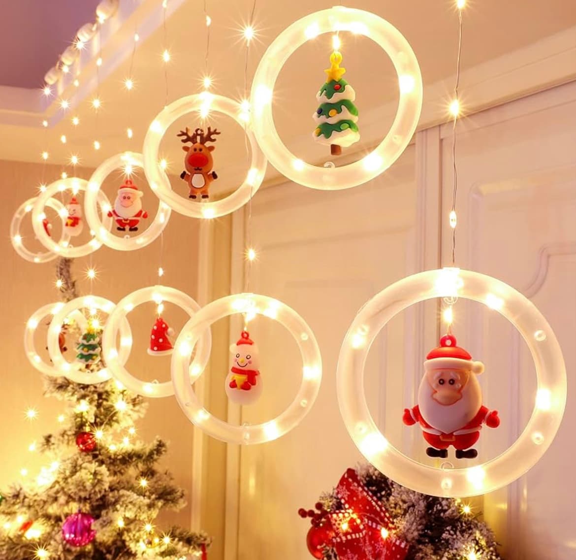Warm White 120 LED Santa Claus Window Curtain Lights | 10ft Width | 10 Themed Hanging Ornaments | USB Powered — view 1